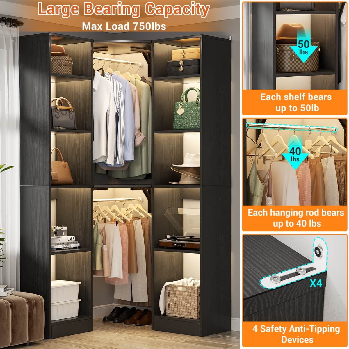 40 Inch Corner Closet System With 12 Shelves and 2 Hanging Rods