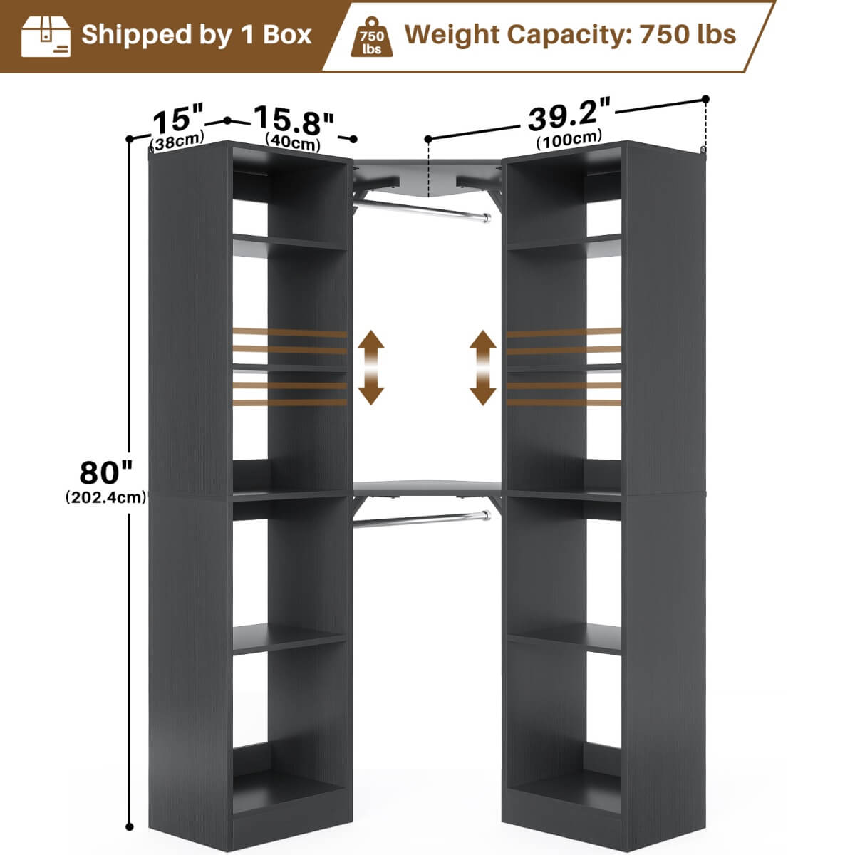 40 Inch Corner Closet System With 12 Shelves and 2 Hanging Rods