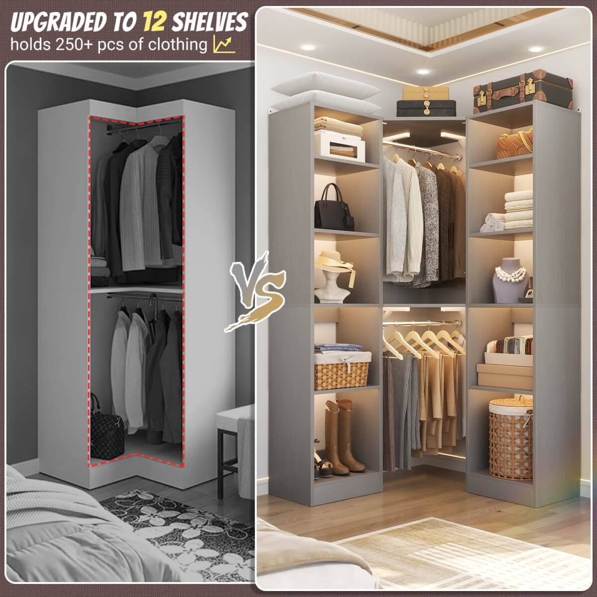 40 Inch Corner Closet System With 12 Shelves and 2 Hanging Rods