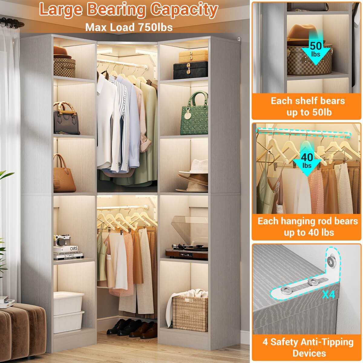 40 Inch Corner Closet System With 12 Shelves and 2 Hanging Rods