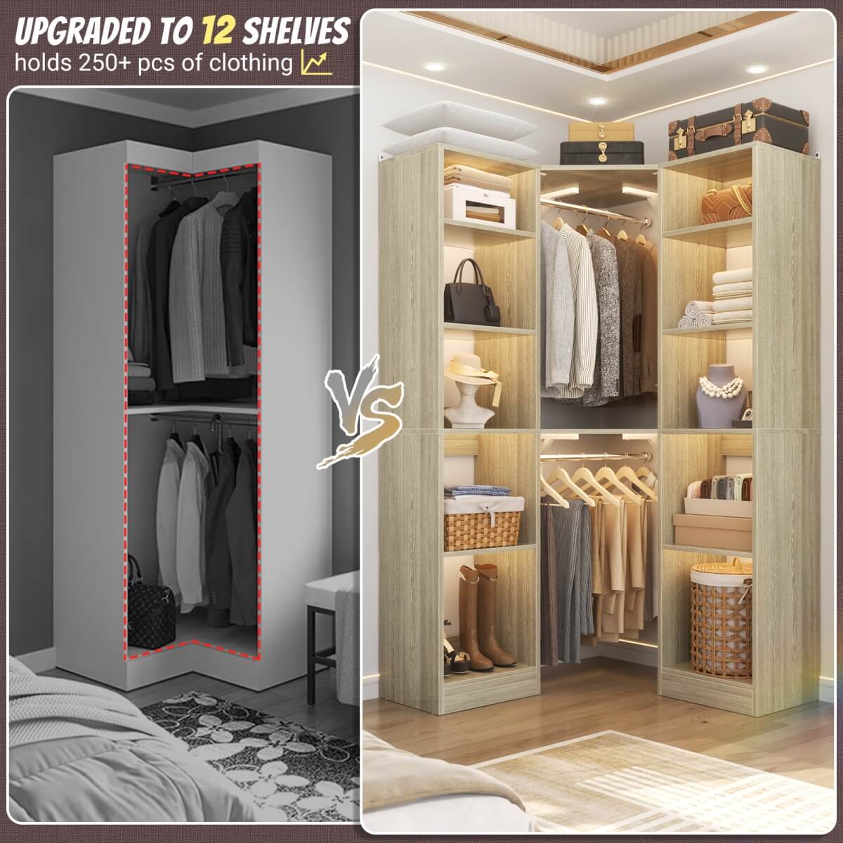 40 Inch Corner Closet System With 12 Shelves and 2 Hanging Rods