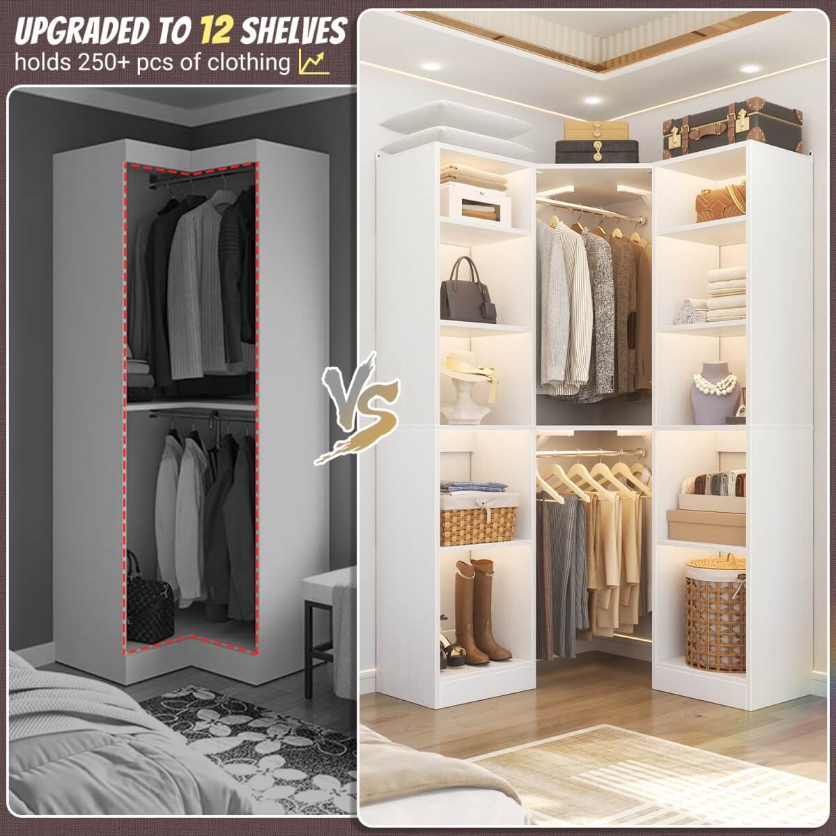 40 Inch Corner Closet System With 12 Shelves and 2 Hanging Rods