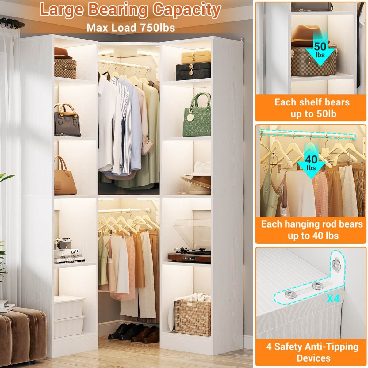 40 Inch Corner Closet System With 12 Shelves and 2 Hanging Rods