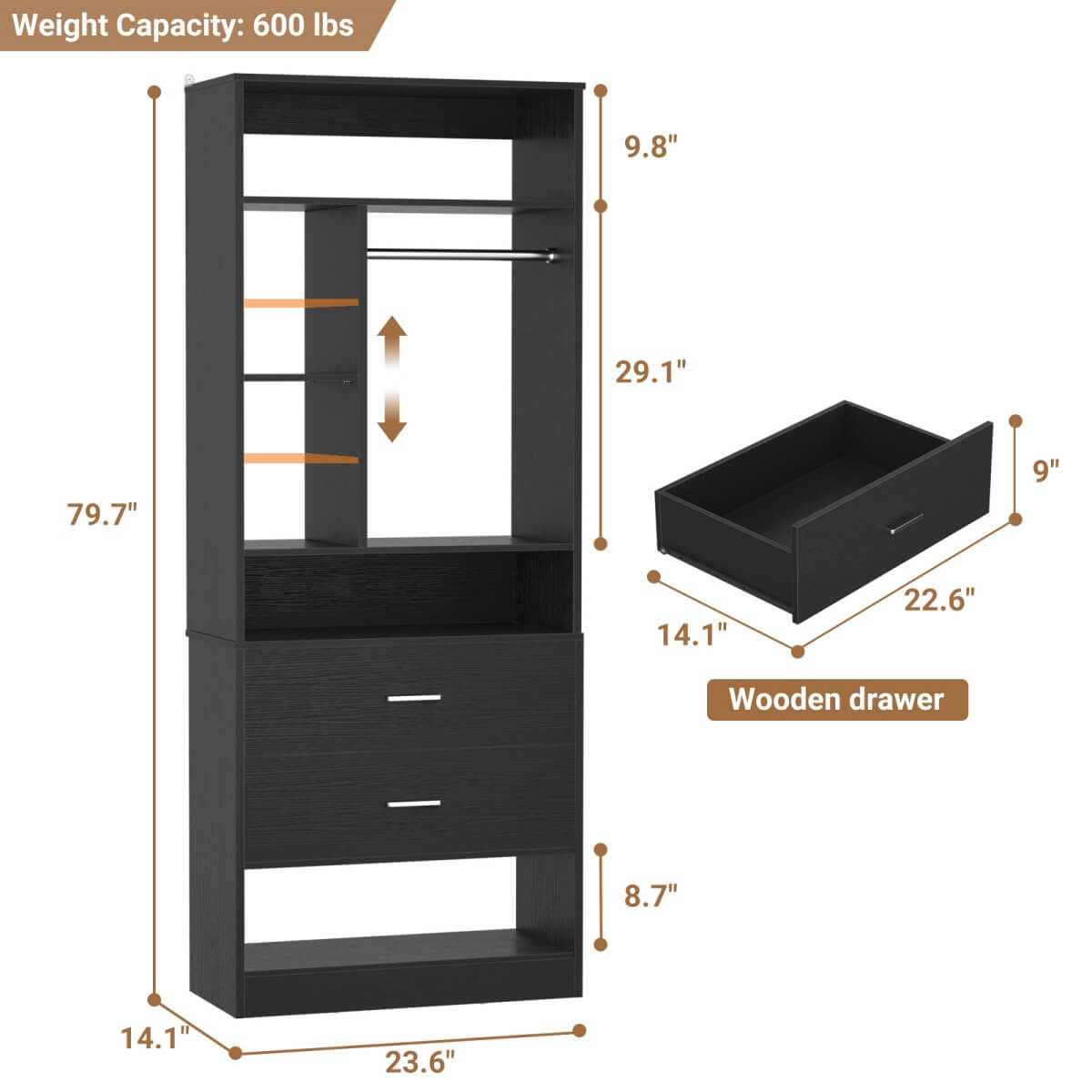 24" Freestanding Closet System with 2 Wood Drawers