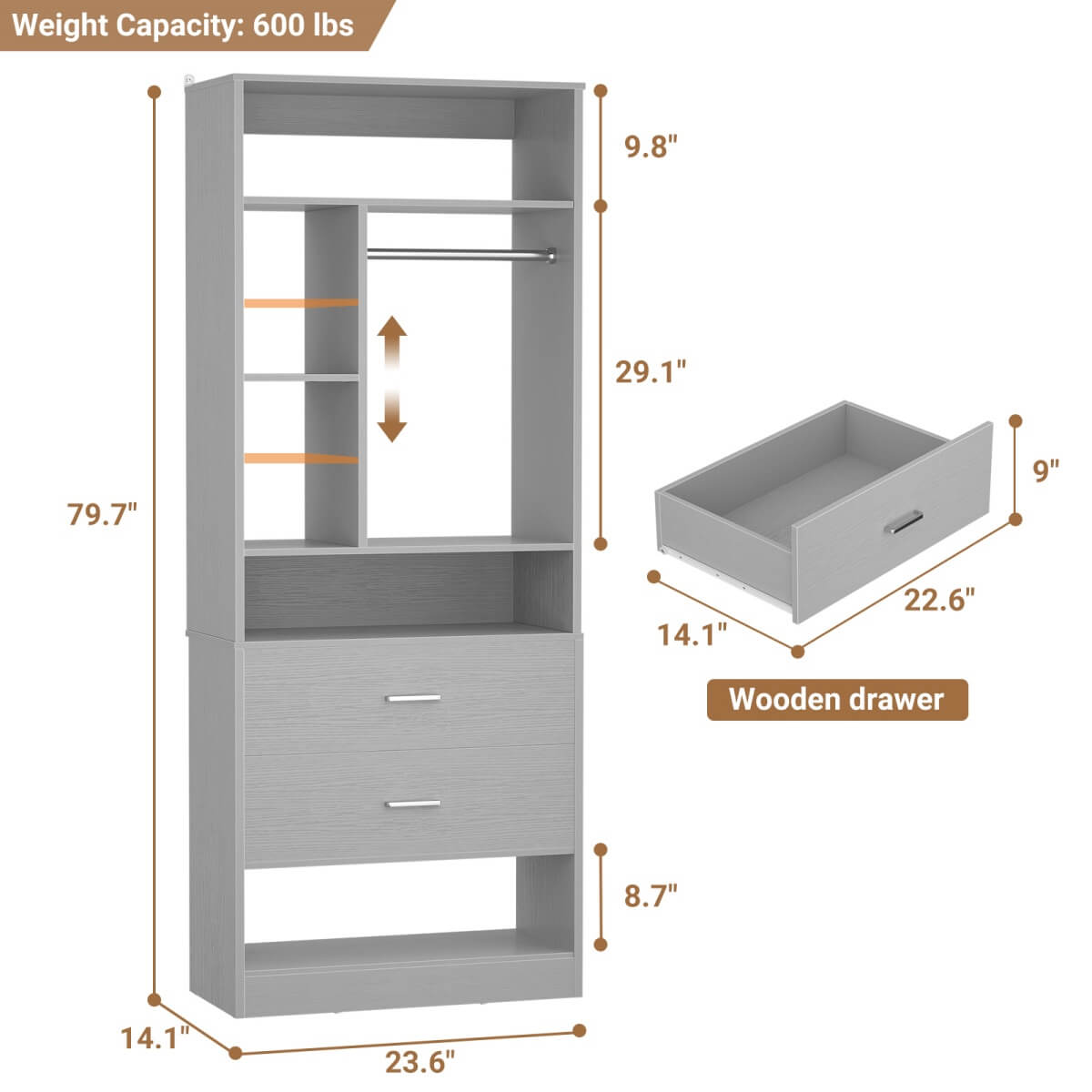 24" Freestanding Closet System with 2 Wood Drawers