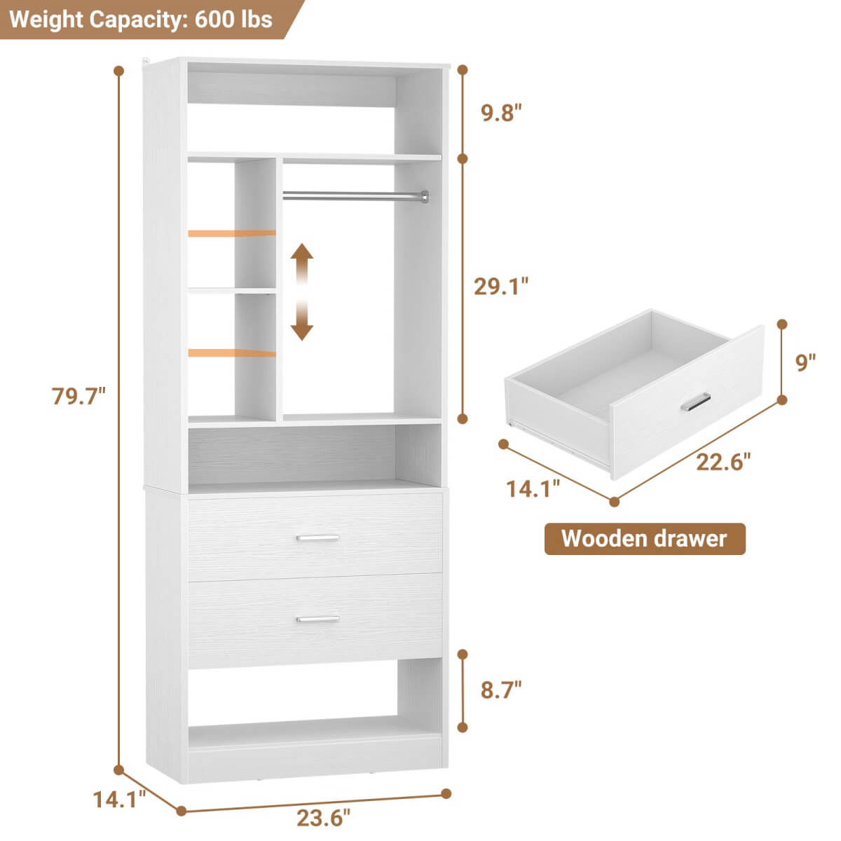 24" Freestanding Closet System with 2 Wood Drawers