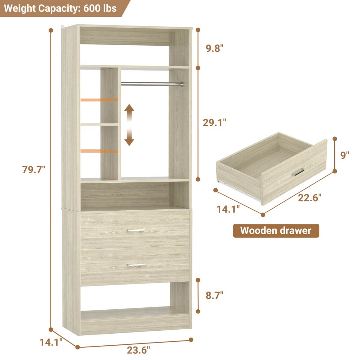 24" Freestanding Closet System with 2 Wood Drawers