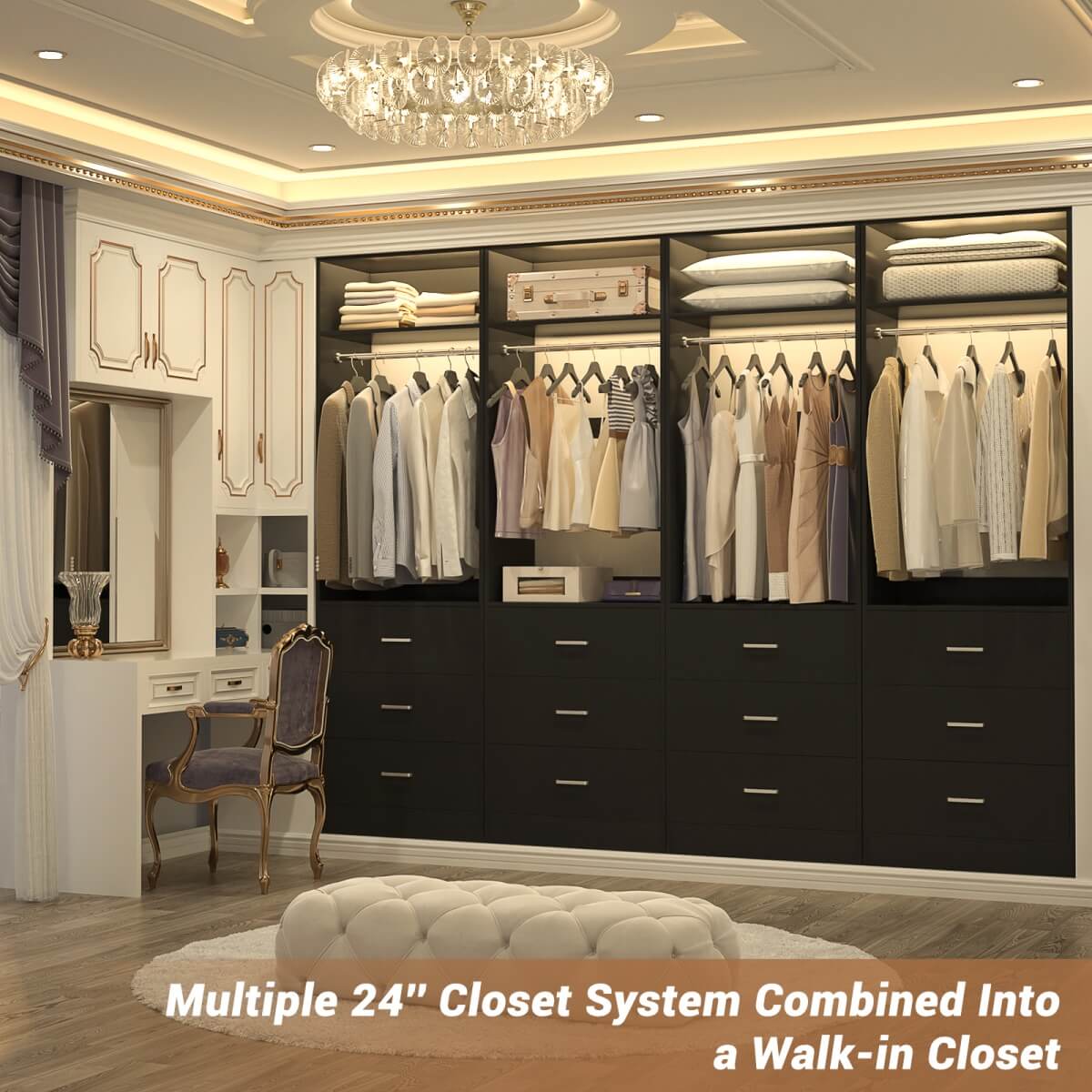2FT Freestanding Closet System with 3 Wood Drawers