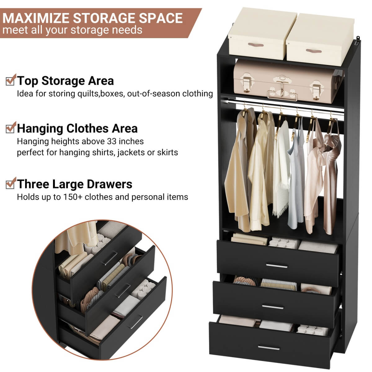2FT Freestanding Closet System with 3 Wood Drawers
