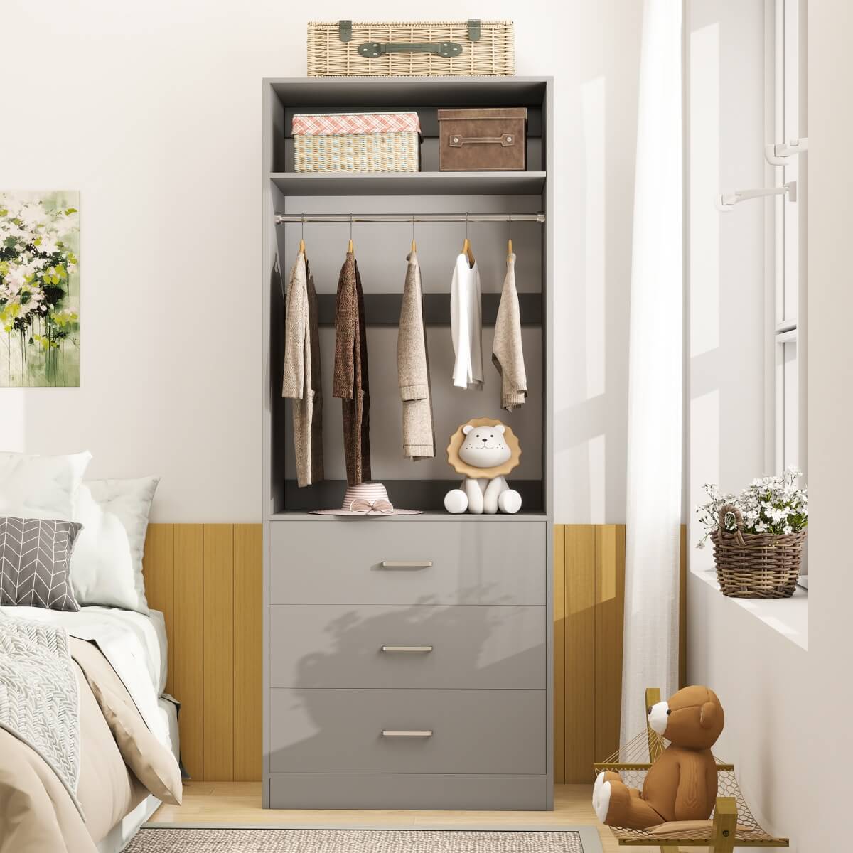 2FT Freestanding Closet System with 3 Wood Drawers