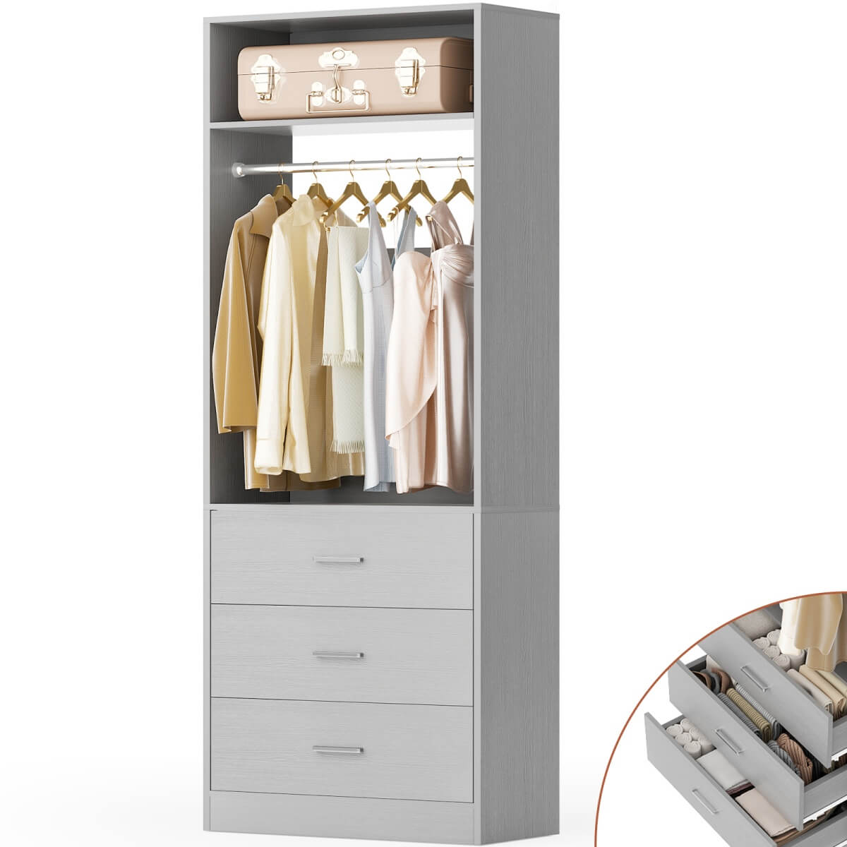 2FT Freestanding Closet System with 3 Wood Drawers