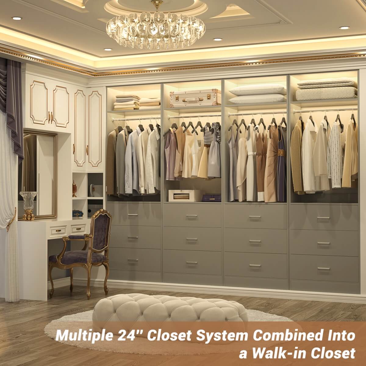 2FT Freestanding Closet System with 3 Wood Drawers