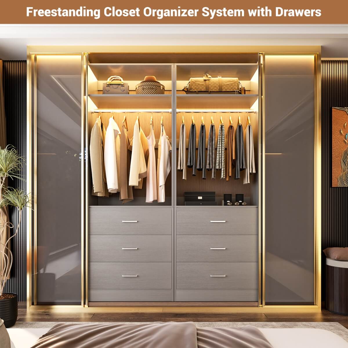 2FT Freestanding Closet System with 3 Wood Drawers