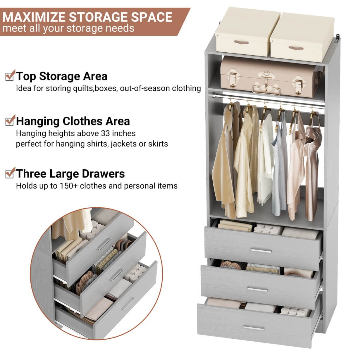 2FT Freestanding Closet System with 3 Wood Drawers