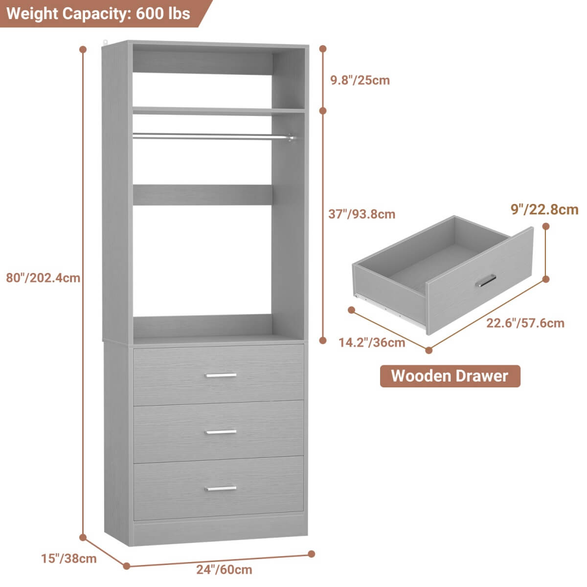 2FT Freestanding Closet System with 3 Wood Drawers