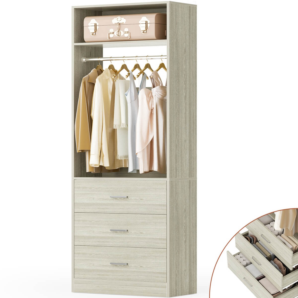 2FT Freestanding Closet System with 3 Wood Drawers