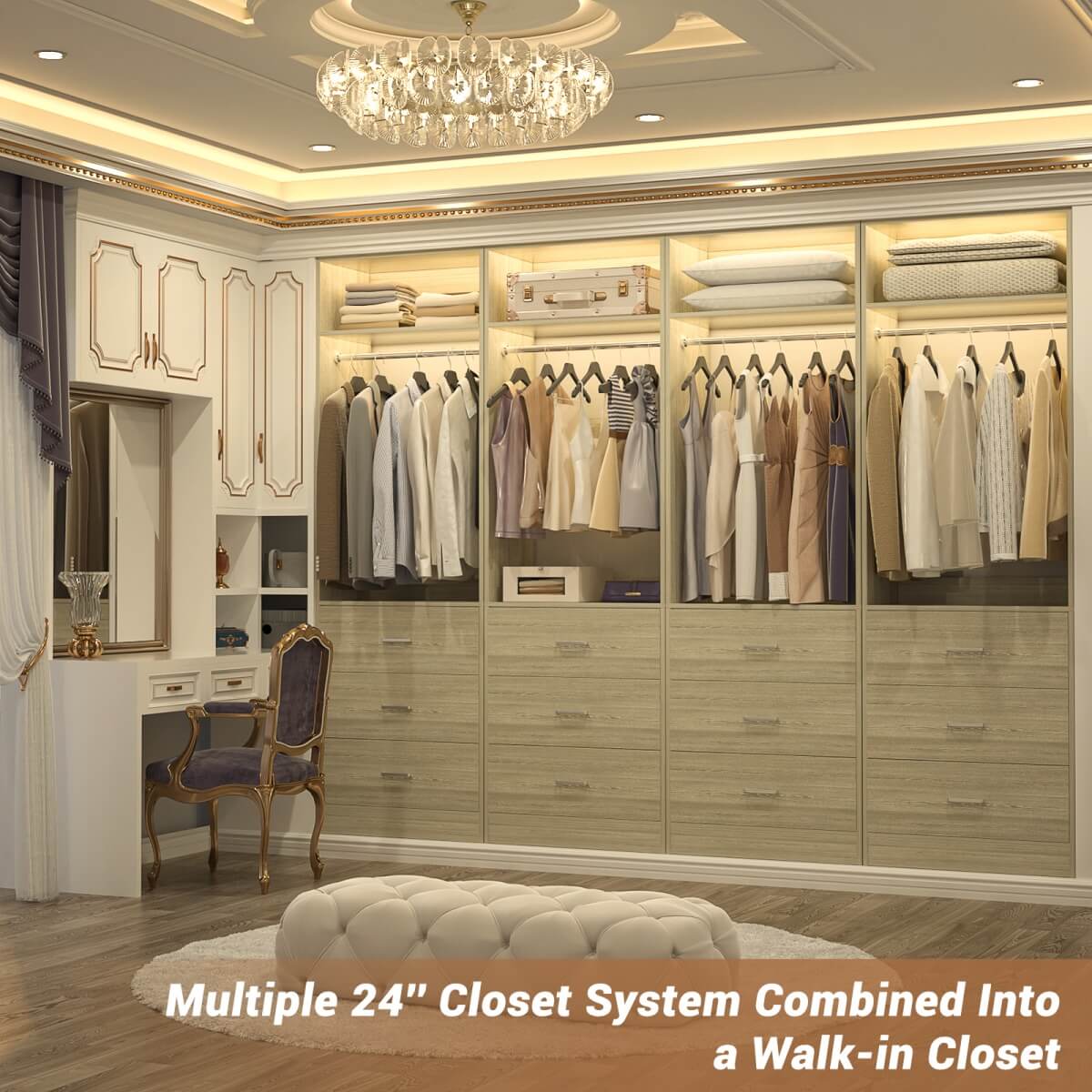 2FT Freestanding Closet System with 3 Wood Drawers