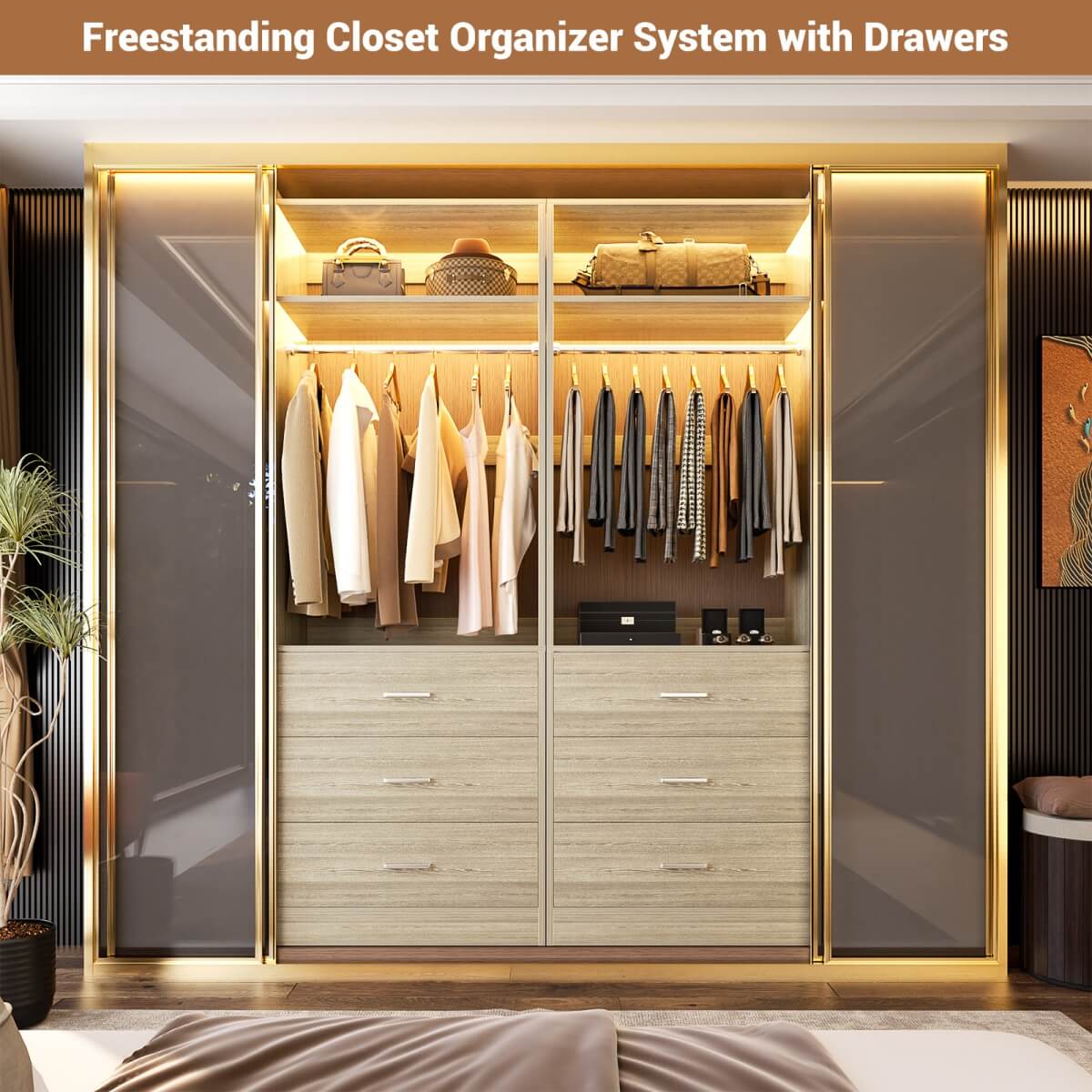 2FT Freestanding Closet System with 3 Wood Drawers