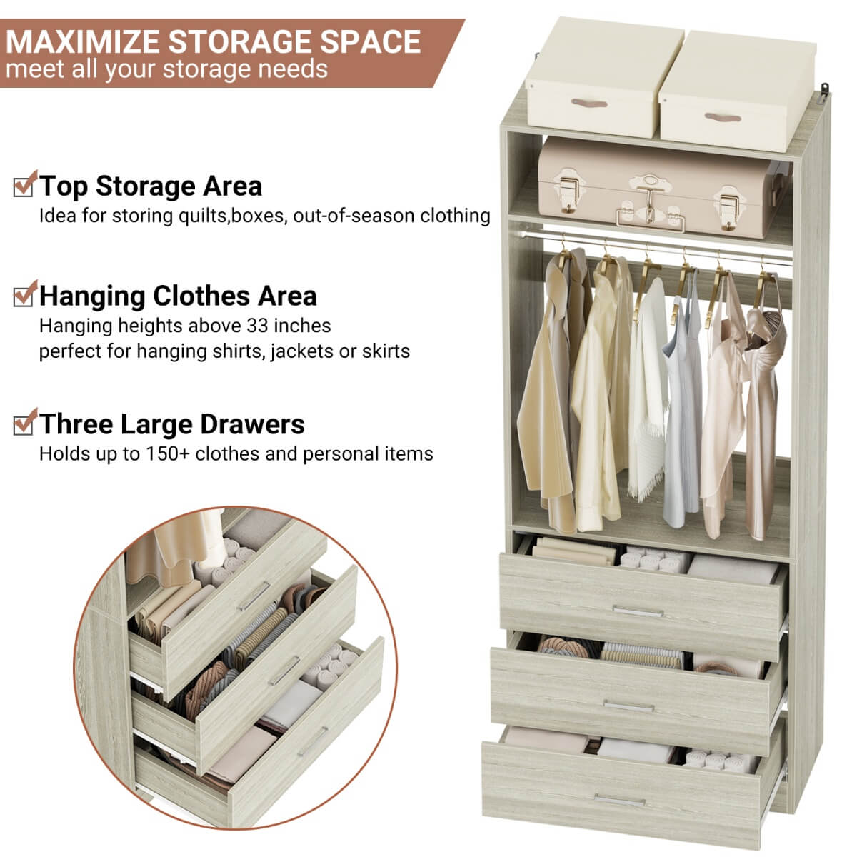 2FT Freestanding Closet System with 3 Wood Drawers