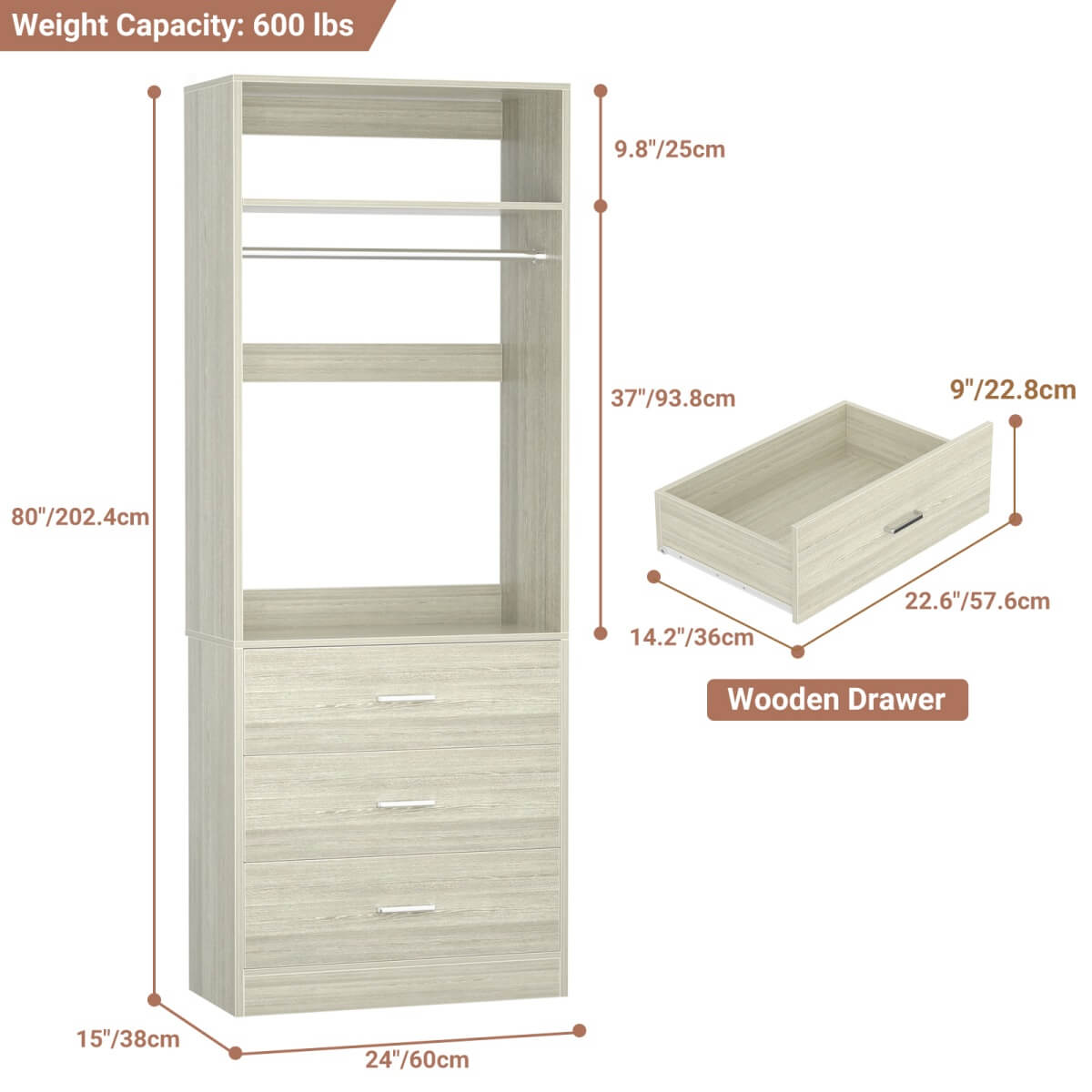 2FT Freestanding Closet System with 3 Wood Drawers