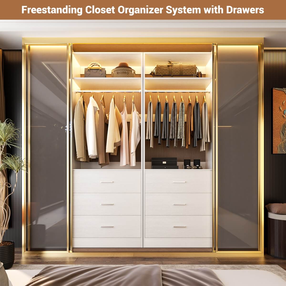2FT Freestanding Closet System with 3 Wood Drawers