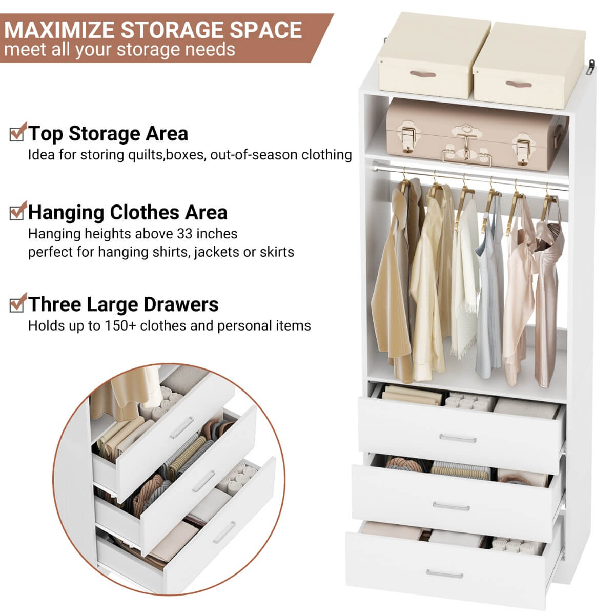 2FT Freestanding Closet System with 3 Wood Drawers