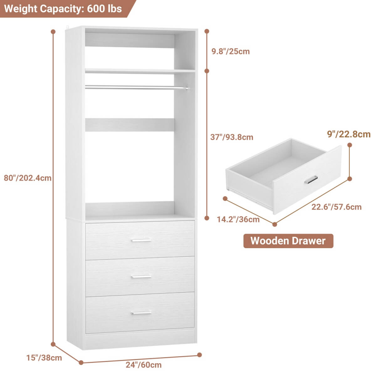 2FT Freestanding Closet System with 3 Wood Drawers