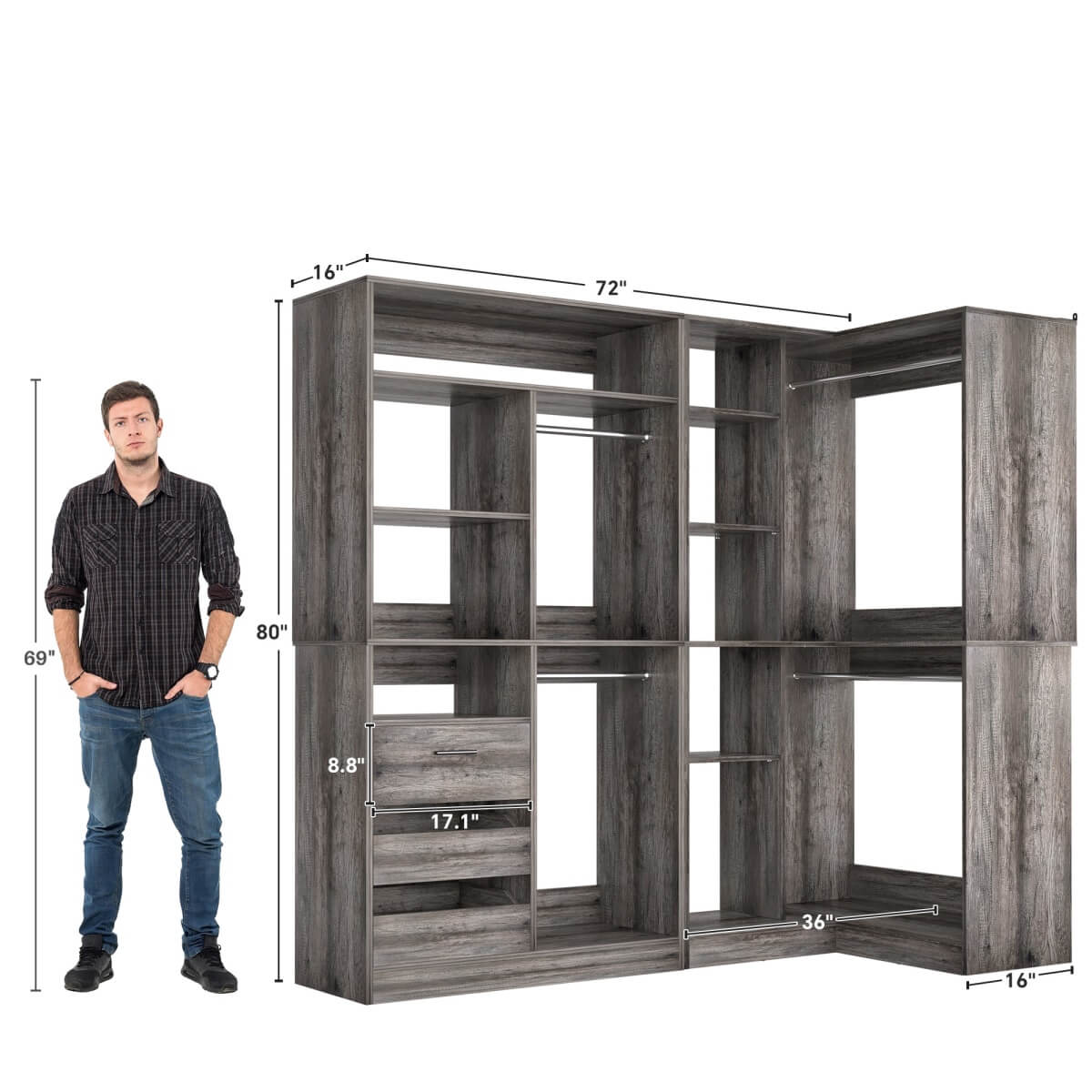 72 Inch Closet Organizer System with Corner Tower, Set of 2