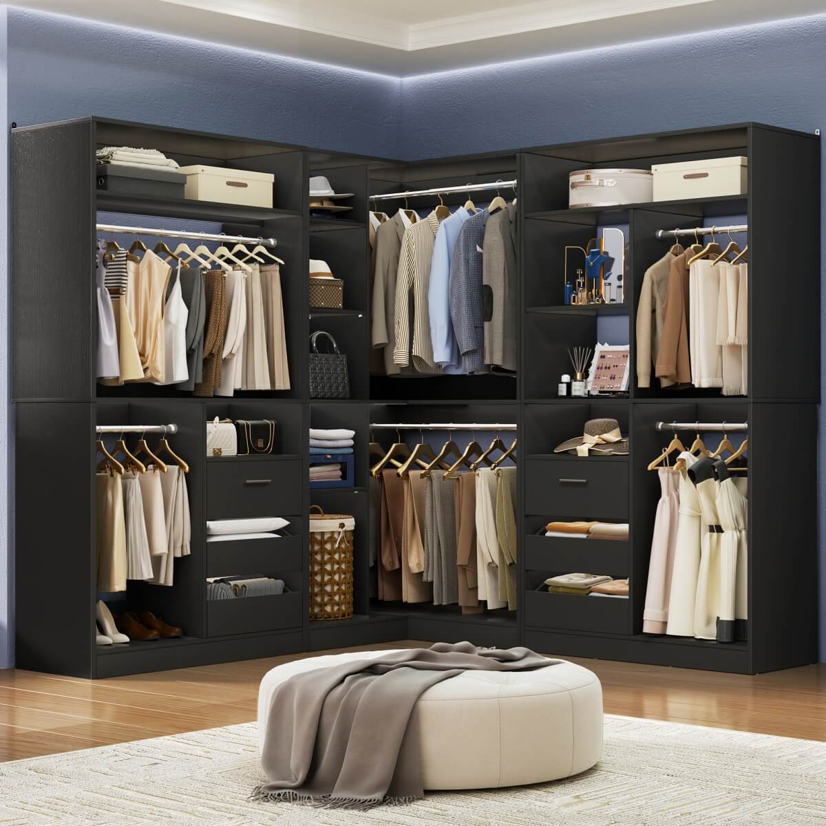 Heavy Duty Modular Closet System with Drawers and Hanging Rods, Set of 3