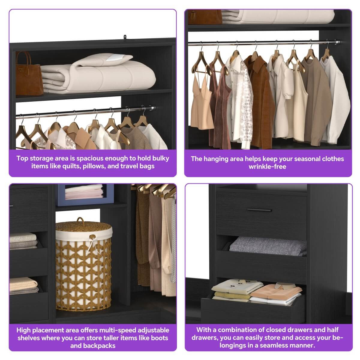 Heavy Duty Modular Closet System with Drawers and Hanging Rods, Set of 3