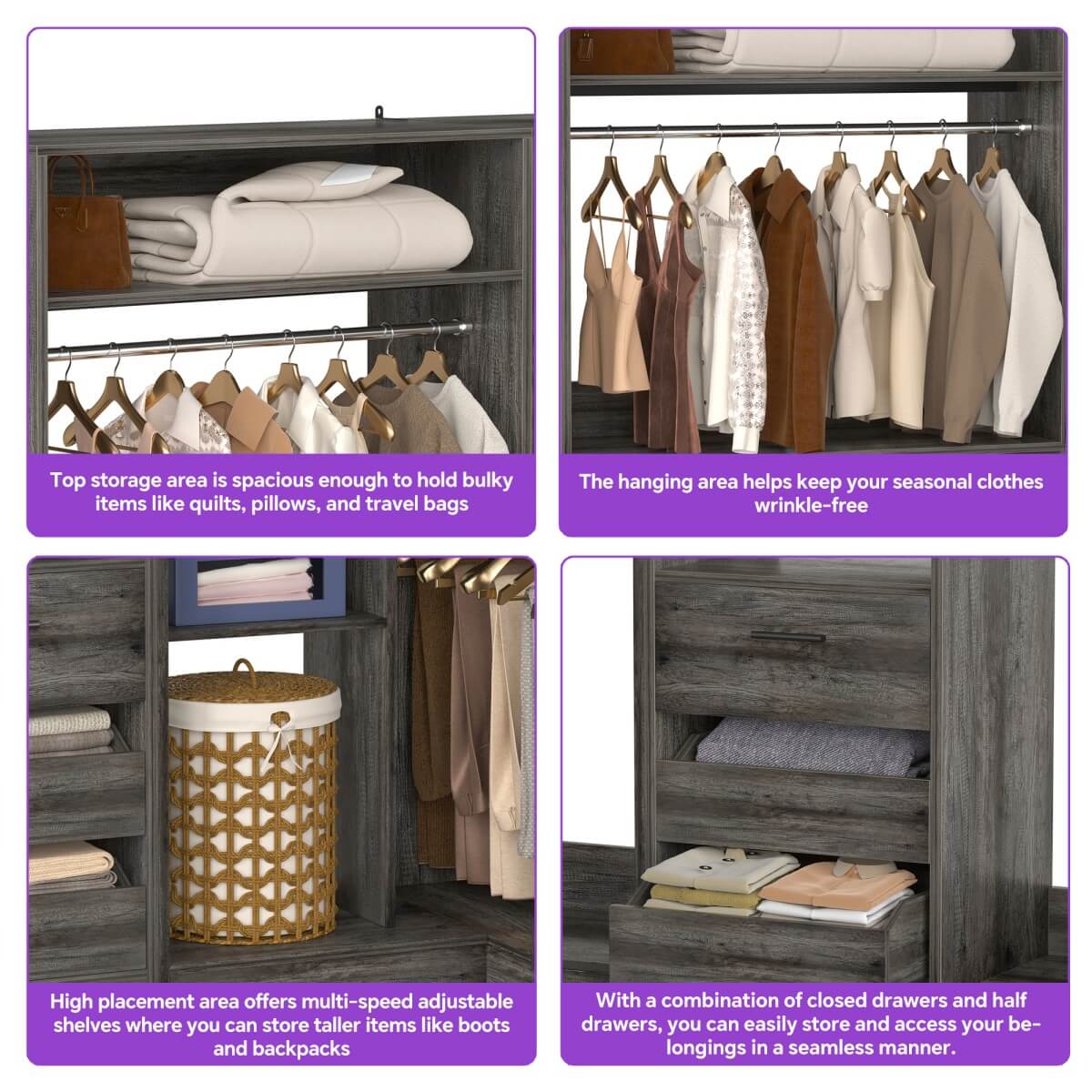 Heavy Duty Modular Closet System with Drawers and Hanging Rods, Set of 3
