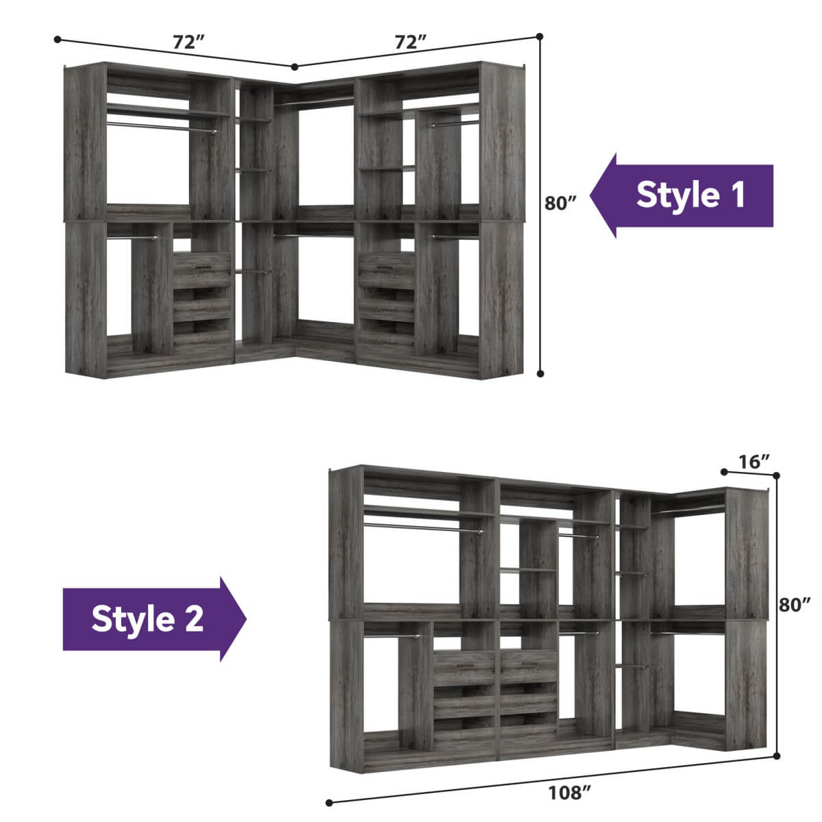 Heavy Duty Modular Closet System with Drawers and Hanging Rods, Set of 3