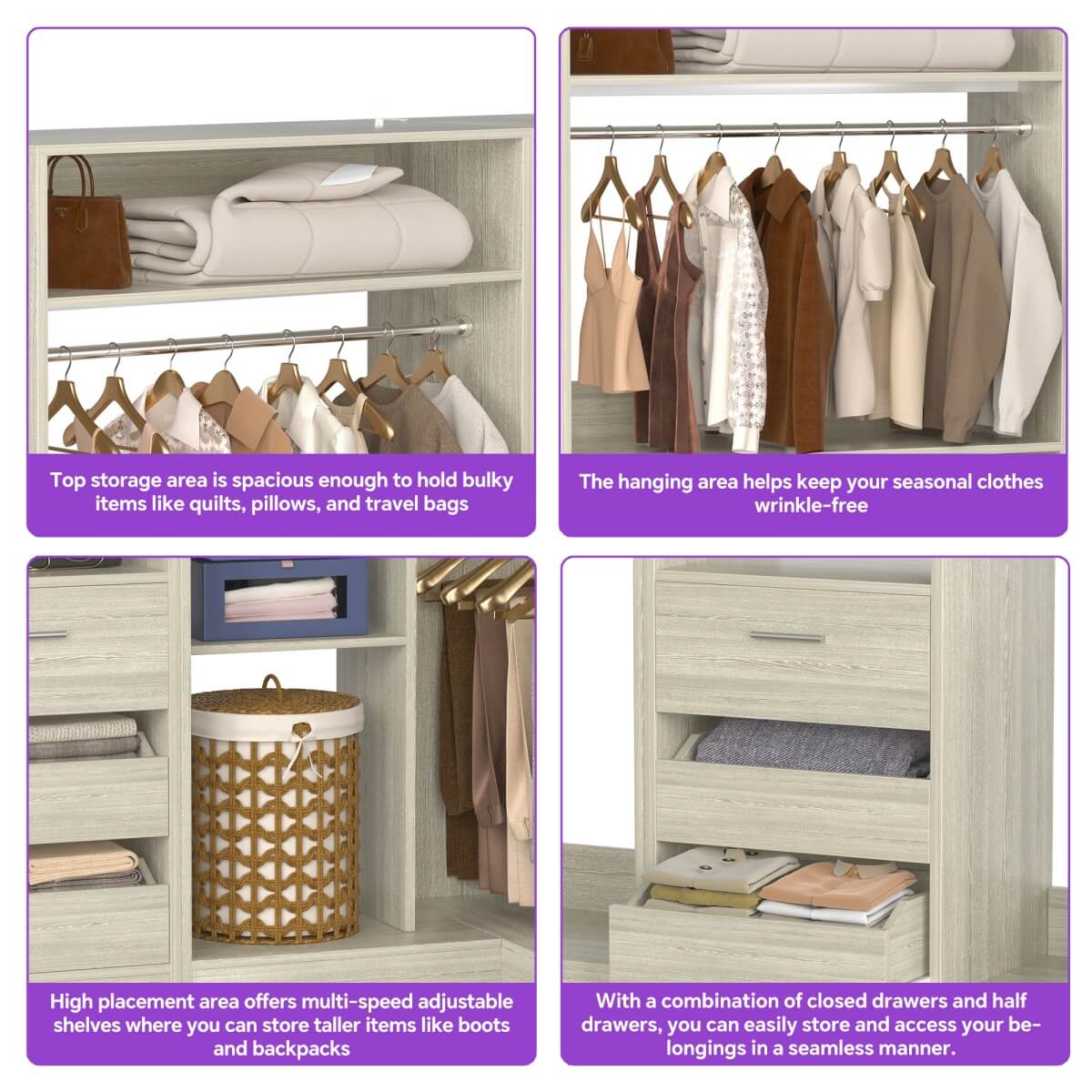 Heavy Duty Modular Closet System with Drawers and Hanging Rods, Set of 3
