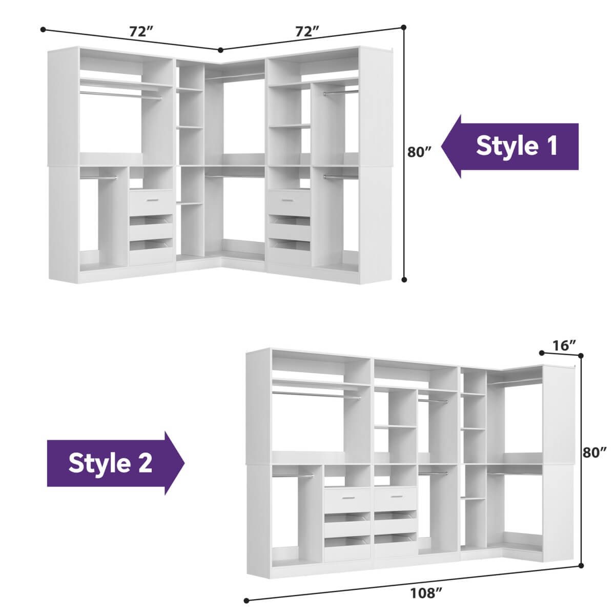 Heavy Duty Modular Closet System with Drawers and Hanging Rods, Set of 3