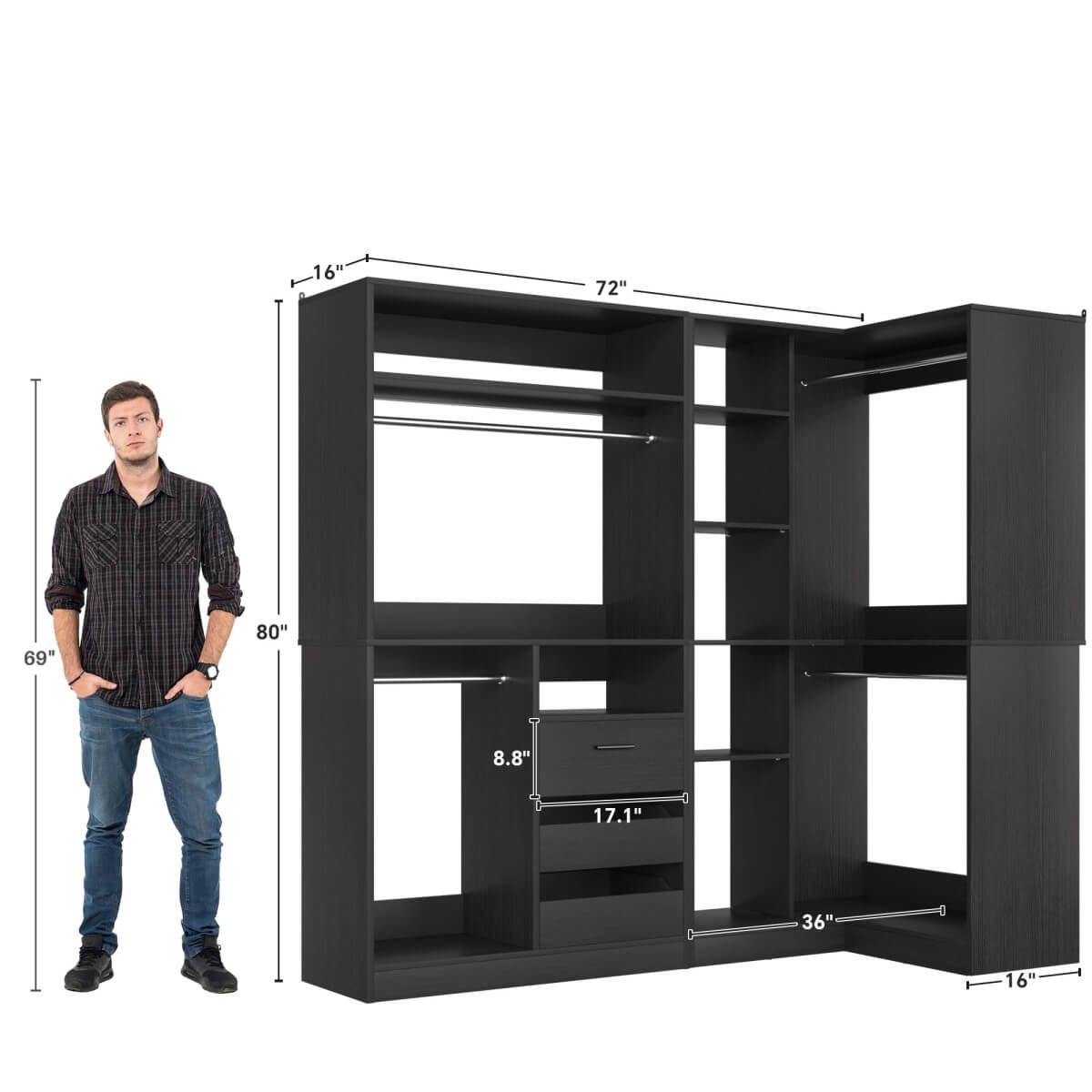 6FT Walk In Closet Organizer System with Drawers and Corner,