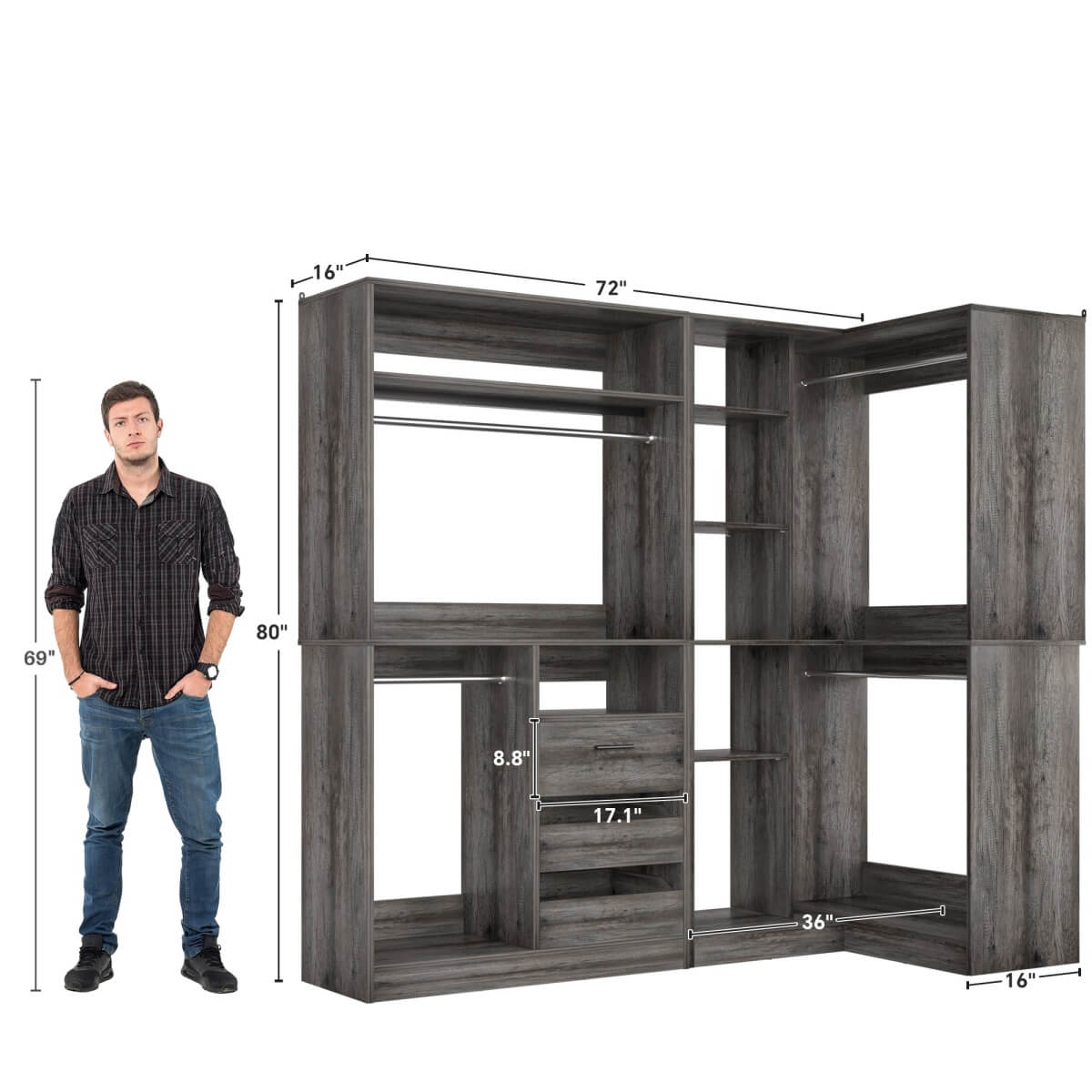 6FT Walk In Closet Organizer System with Drawers and Corner,