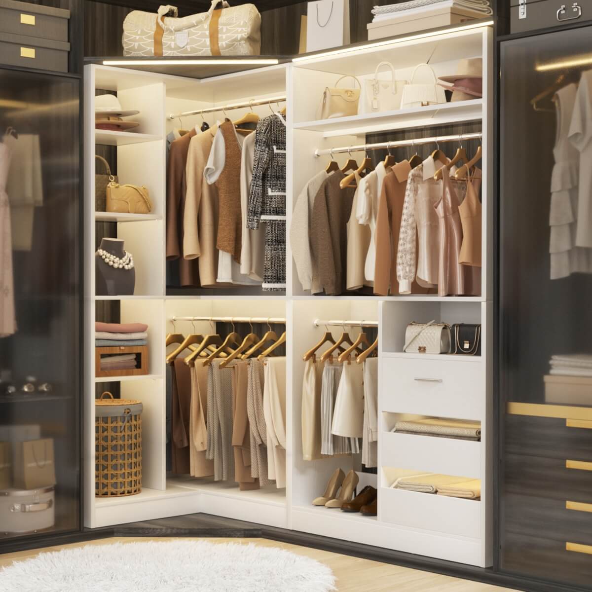 6FT Walk In Closet Organizer System with Drawers and Corner,