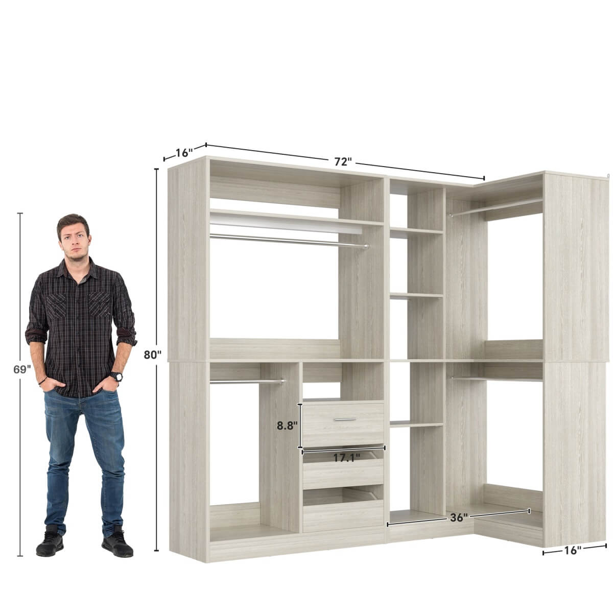 6FT Walk In Closet Organizer System with Drawers and Corner,