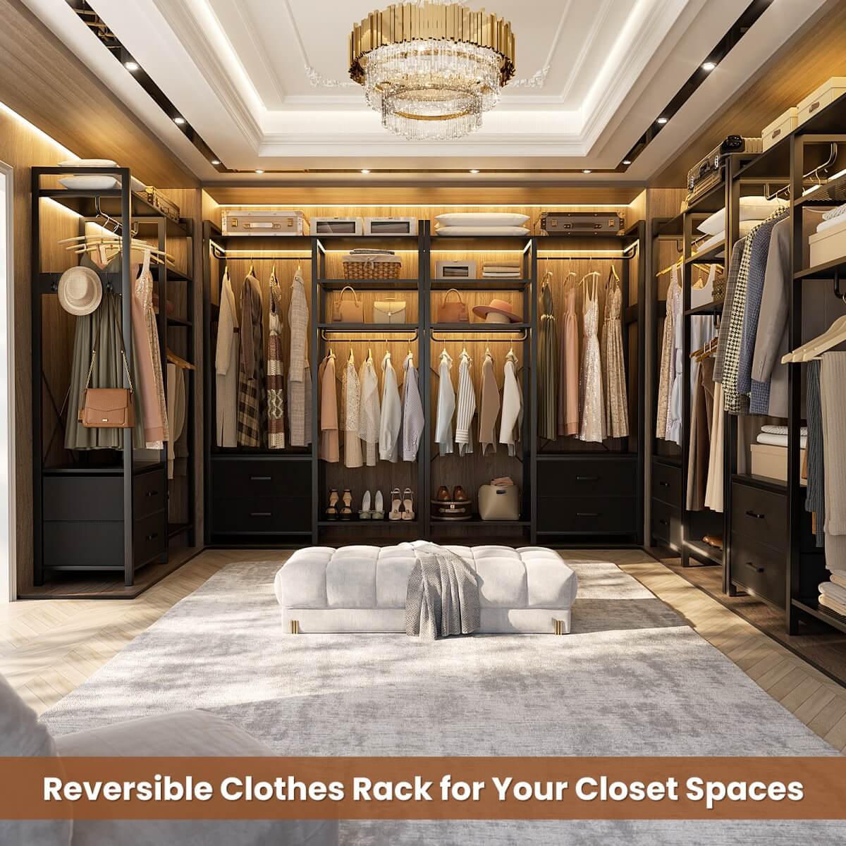 6-Tier Reversible Clothes Rack with Shelves & 2 Drawers