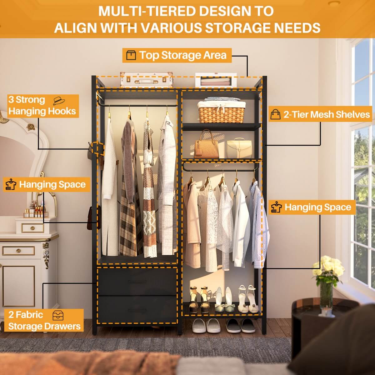 6-Tier Reversible Clothes Rack with Shelves & 2 Drawers