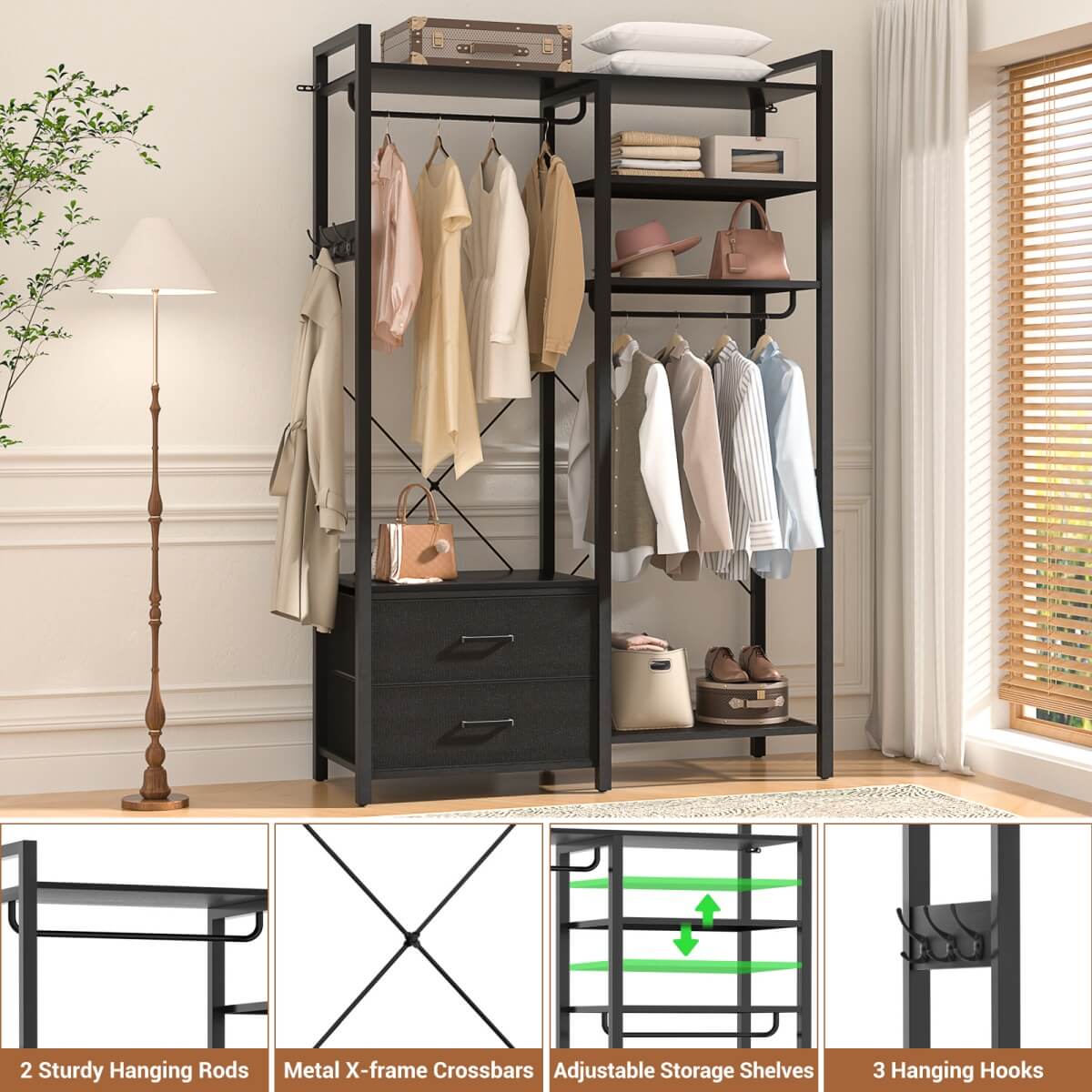 6-Tier Reversible Clothes Rack with Shelves & 2 Drawers
