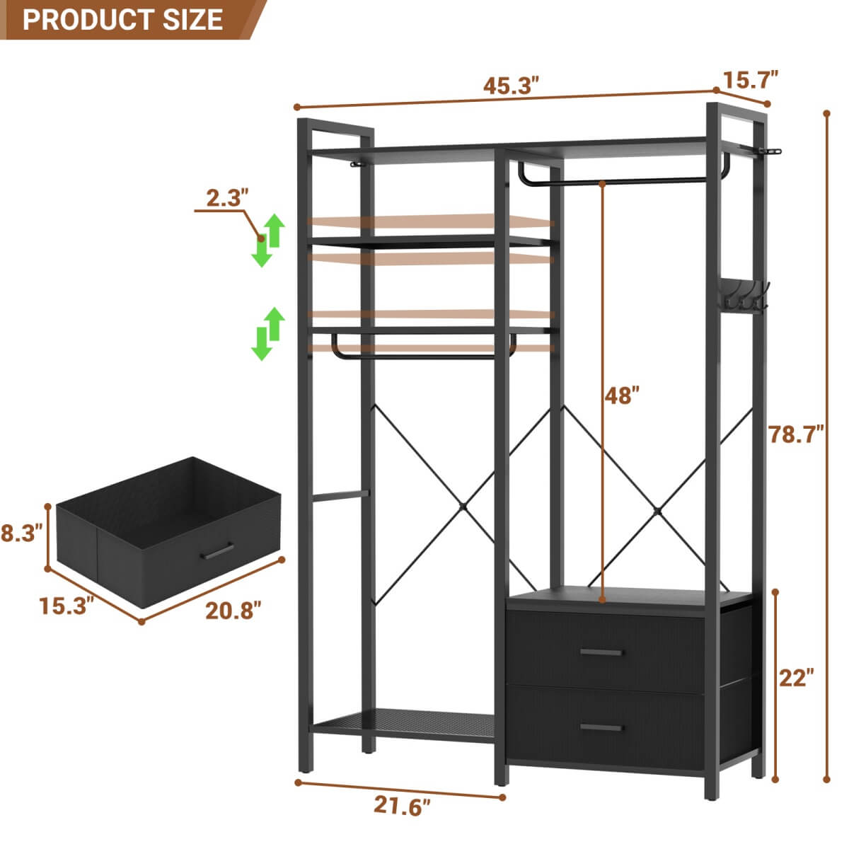 6-Tier Reversible Clothes Rack with Shelves & 2 Drawers