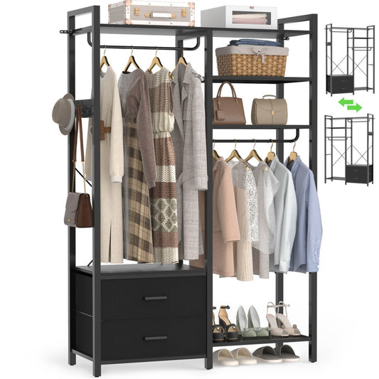 6-Tier Reversible Clothes Rack with Shelves & 2 Drawers