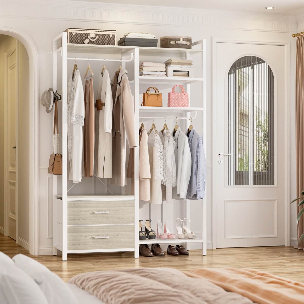 6-Tier Reversible Clothes Rack with Shelves & 2 Drawers
