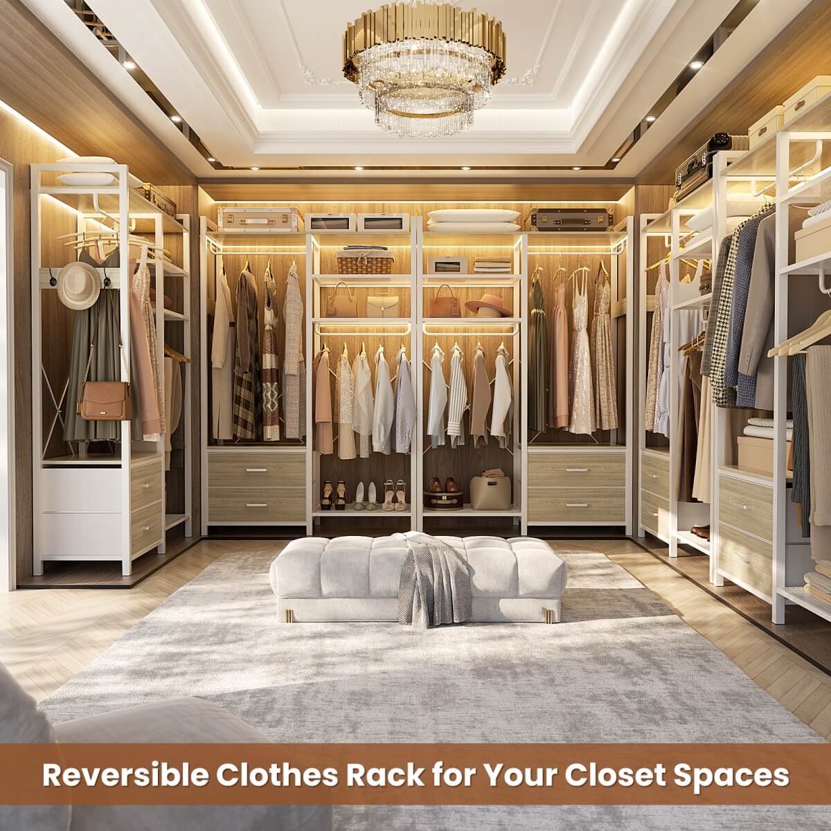 6-Tier Reversible Clothes Rack with Shelves & 2 Drawers