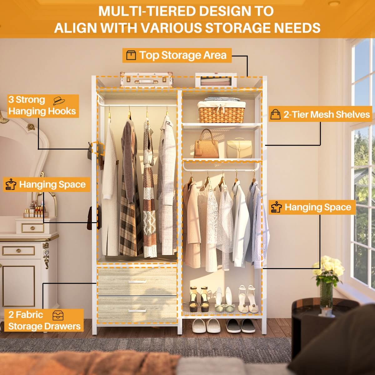 6-Tier Reversible Clothes Rack with Shelves & 2 Drawers