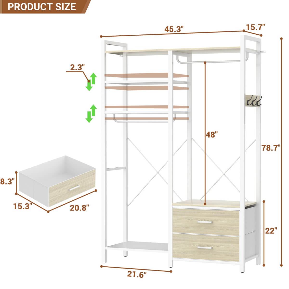 6-Tier Reversible Clothes Rack with Shelves & 2 Drawers