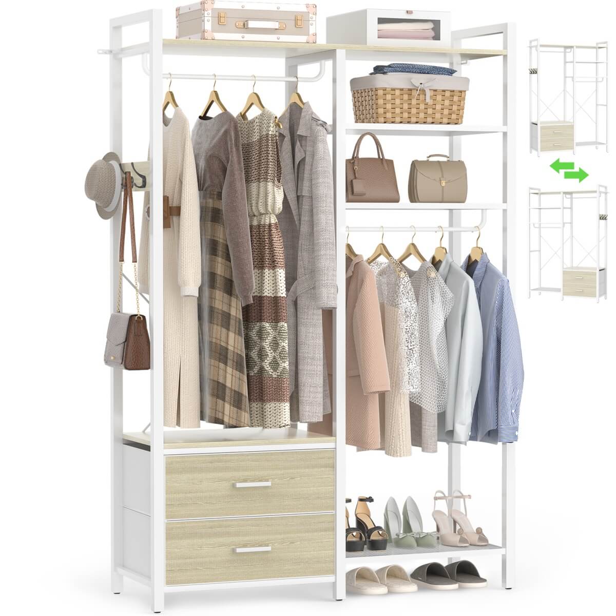 6-Tier Reversible Clothes Rack with Shelves & 2 Drawers