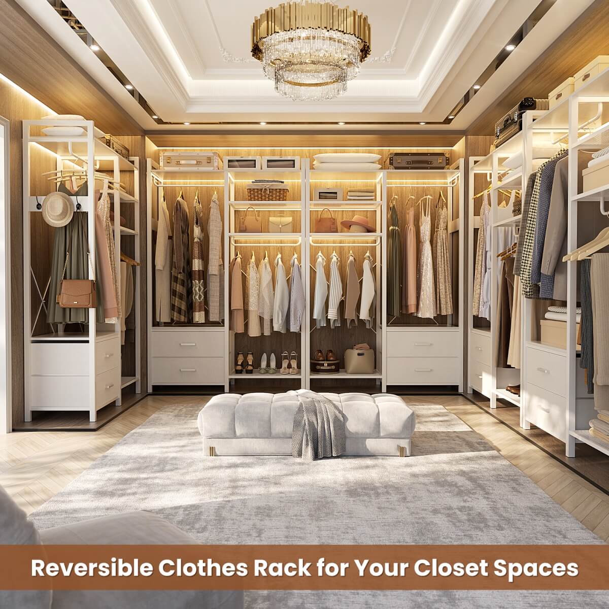 6-Tier Reversible Clothes Rack with Shelves & 2 Drawers