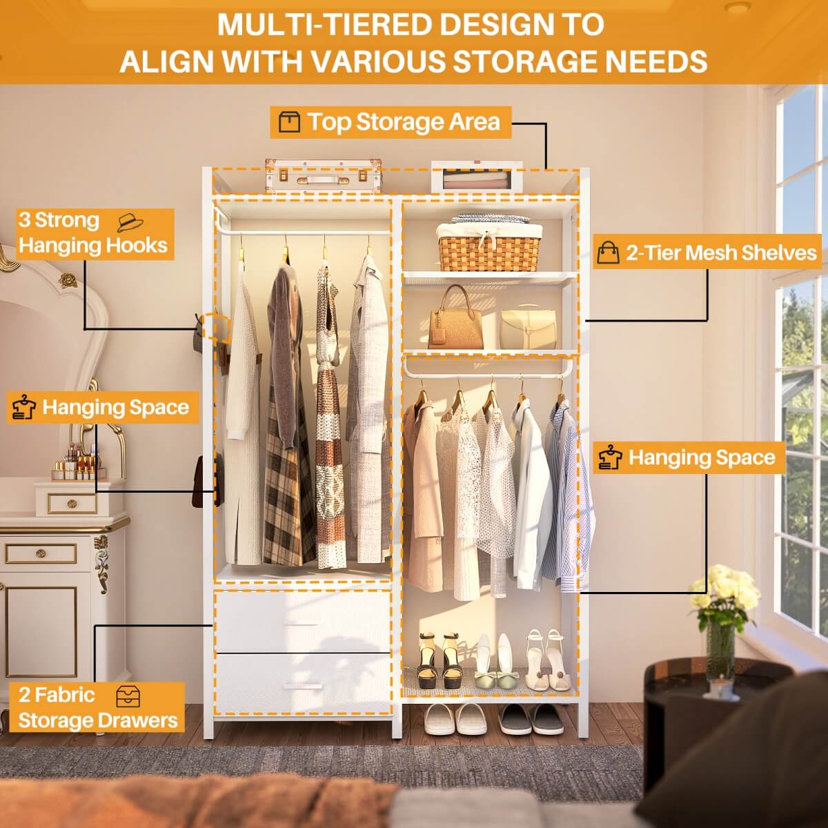 6-Tier Reversible Clothes Rack with Shelves & 2 Drawers